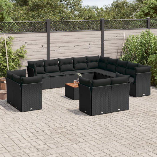 14-delige Loungeset met kussens poly rattan zwart