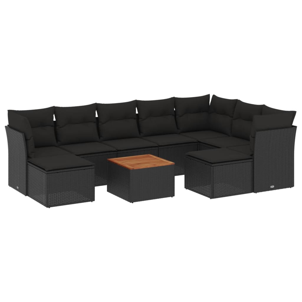 10-delige Loungeset met kussens poly rattan zwart