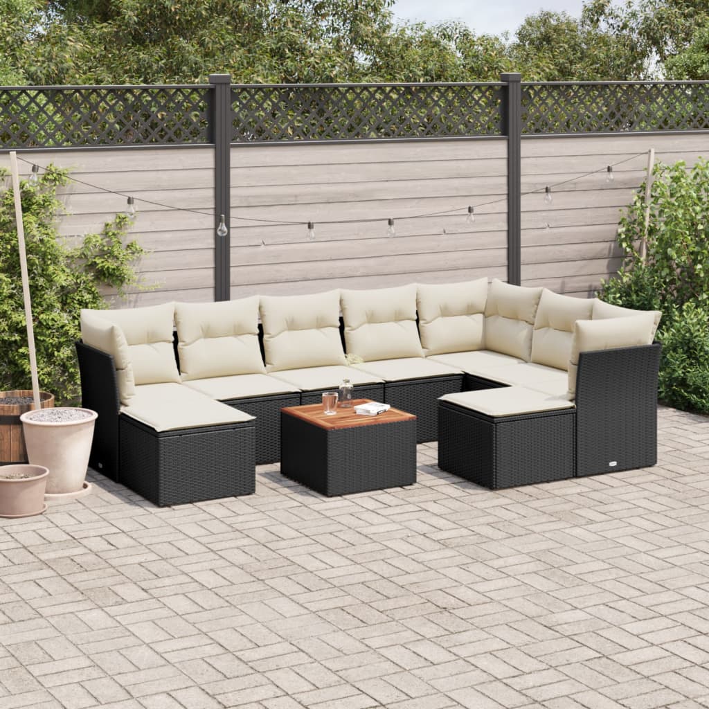 10-delige Loungeset met kussens poly rattan zwart