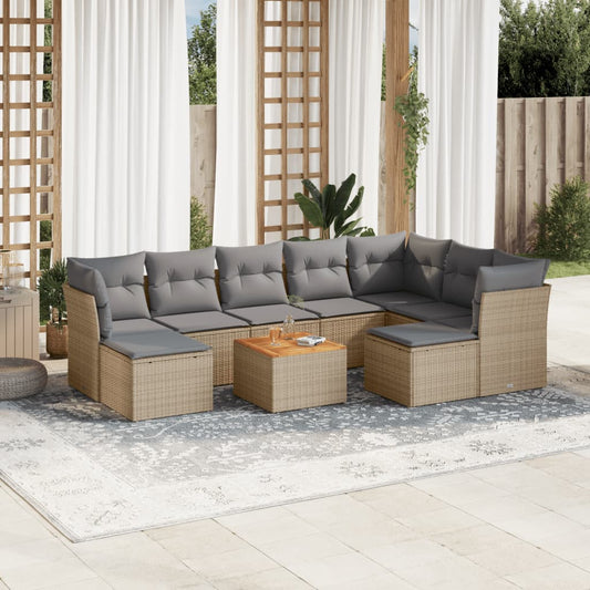 10-delige Loungeset met kussens poly rattan gemengd beige