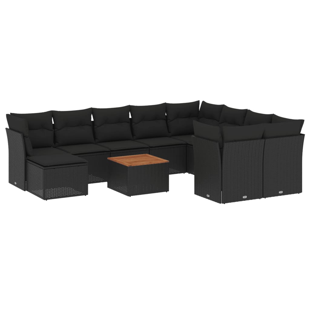 11-delige Loungeset met kussens poly rattan zwart