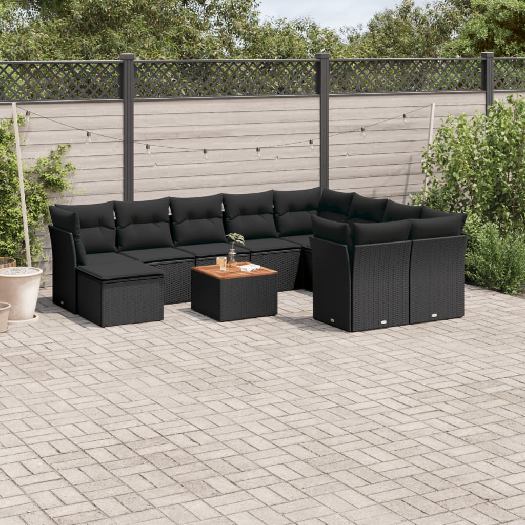 11-delige Loungeset met kussens poly rattan zwart