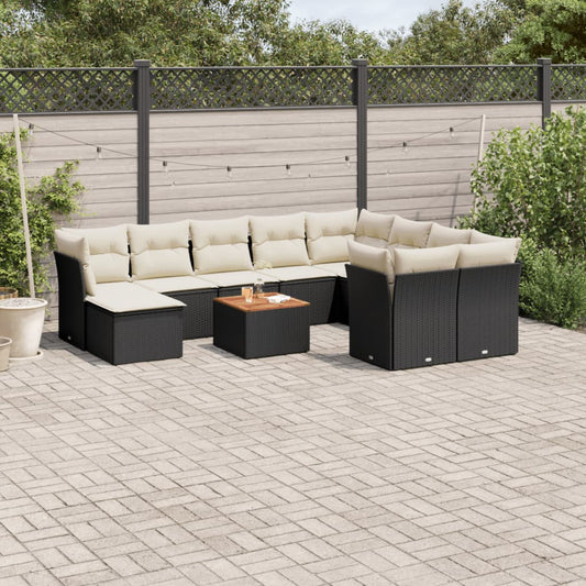 11-delige Loungeset met kussens poly rattan zwart