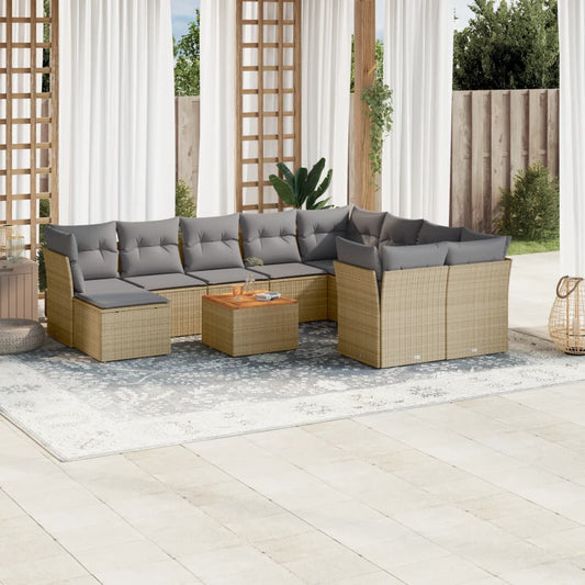 11-delige Loungeset met kussens poly rattan gemengd beige