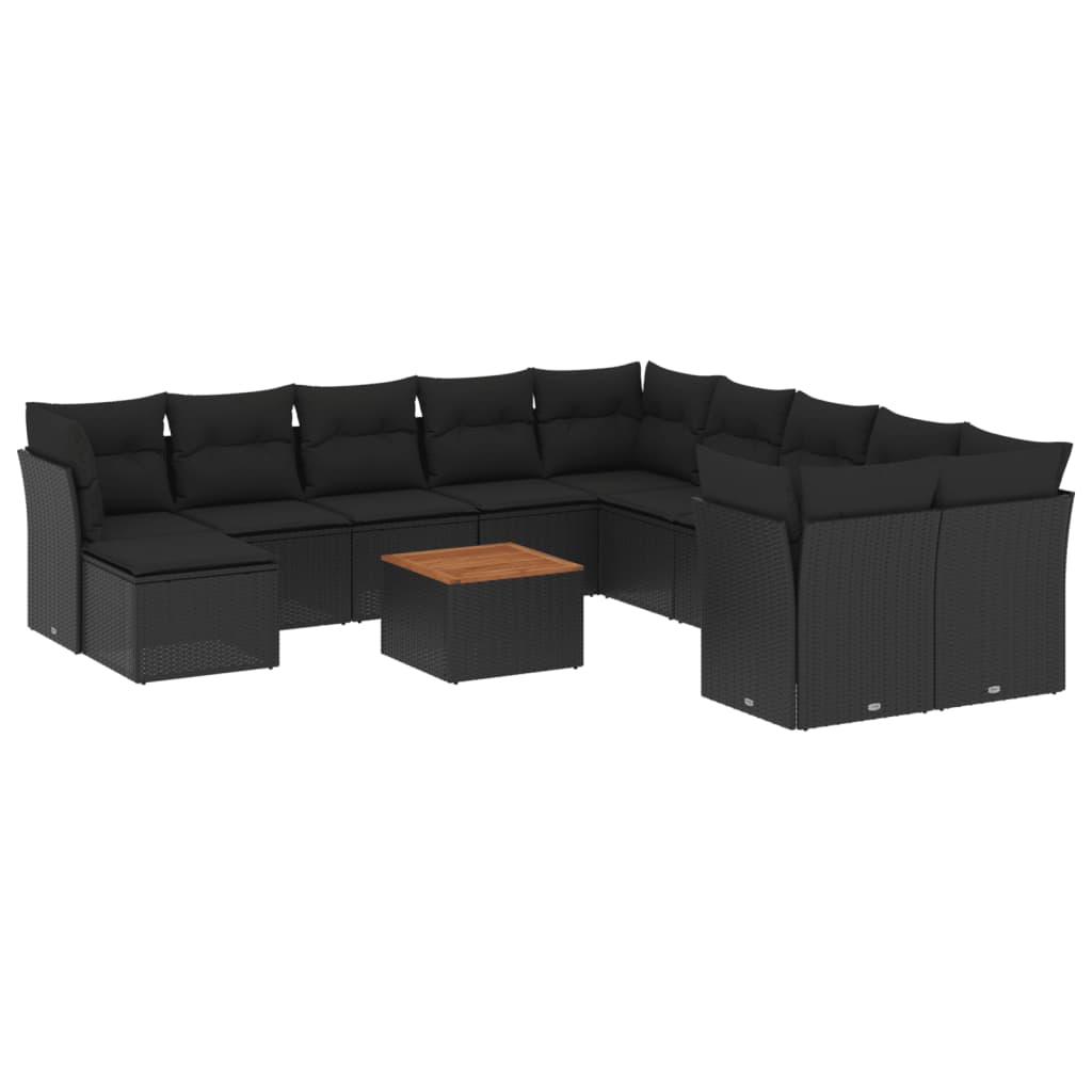 12-delige Loungeset met kussens poly rattan zwart