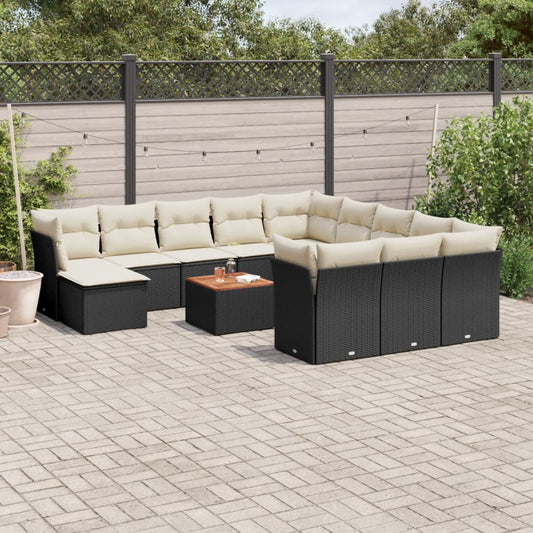 13-delige Loungeset met kussens poly rattan zwart