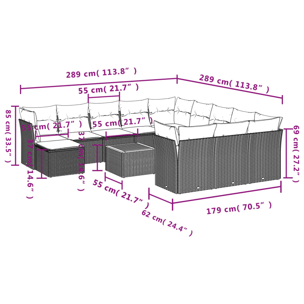 13-delige Loungeset met kussens poly rattan grijs