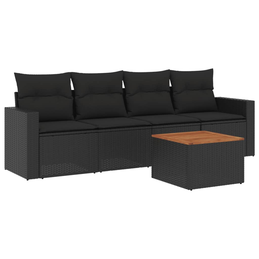 5-delige Loungeset met kussens poly rattan zwart