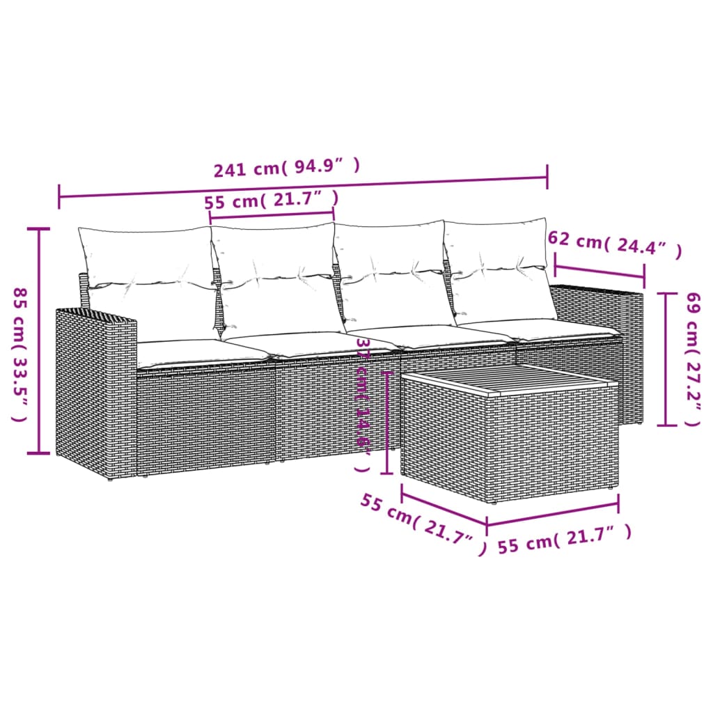 5-delige Loungeset met kussens poly rattan zwart