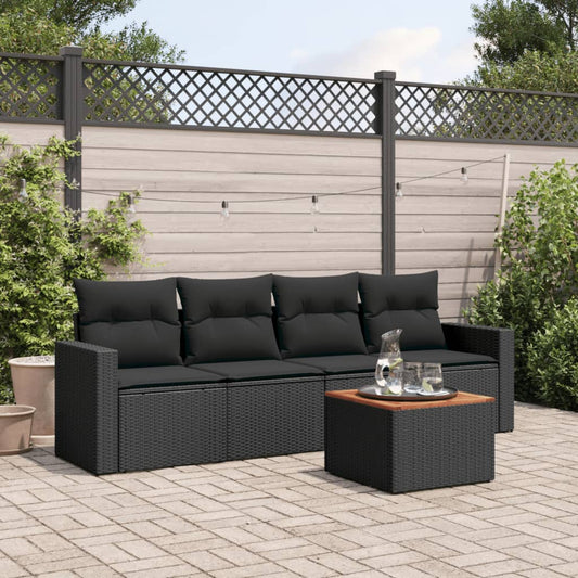 5-delige Loungeset met kussens poly rattan zwart