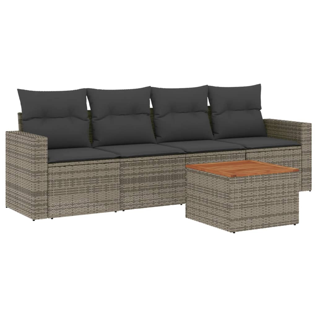 5-delige Loungeset met kussens poly rattan grijs