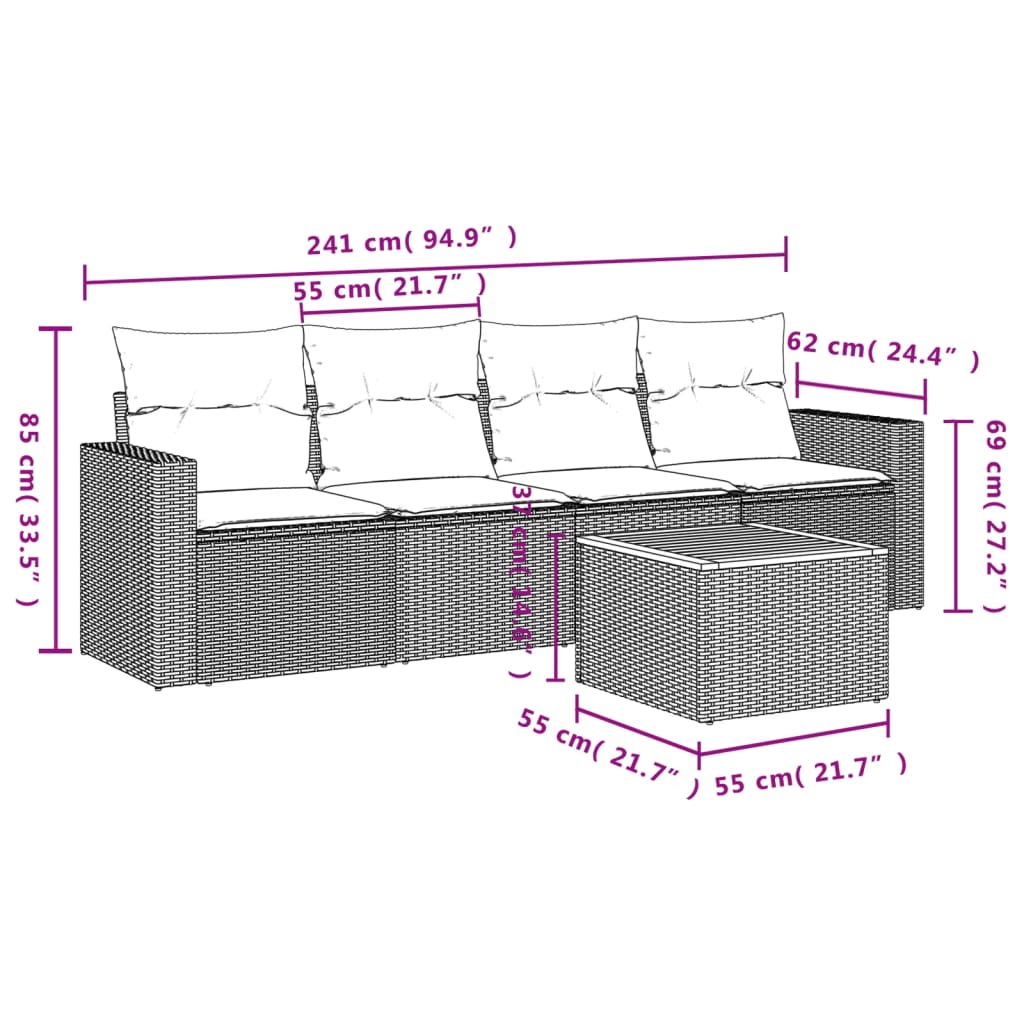 5-delige Loungeset met kussens poly rattan grijs