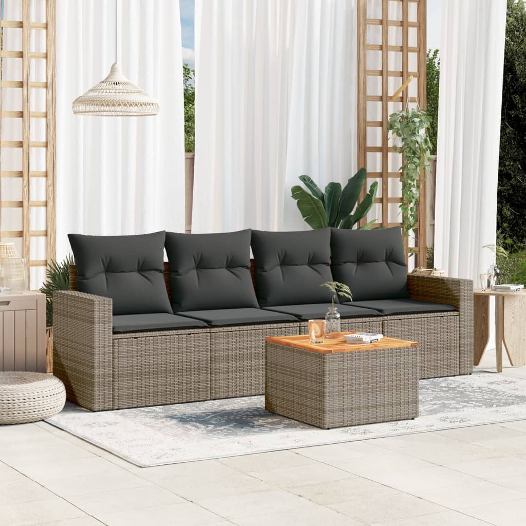 5-delige Loungeset met kussens poly rattan grijs