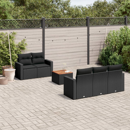 6-delige Loungeset met kussens poly rattan zwart