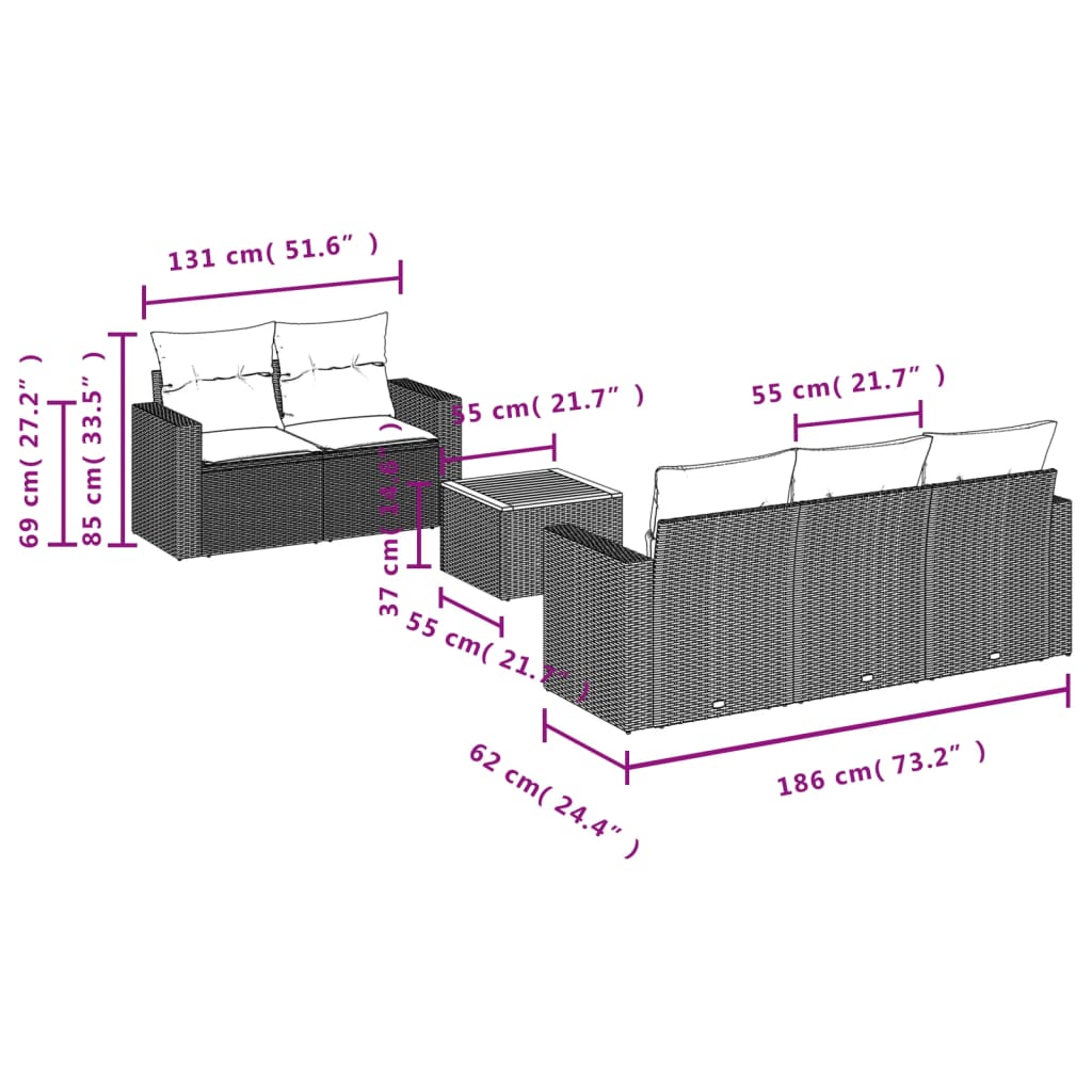 6-delige Loungeset met kussens poly rattan zwart