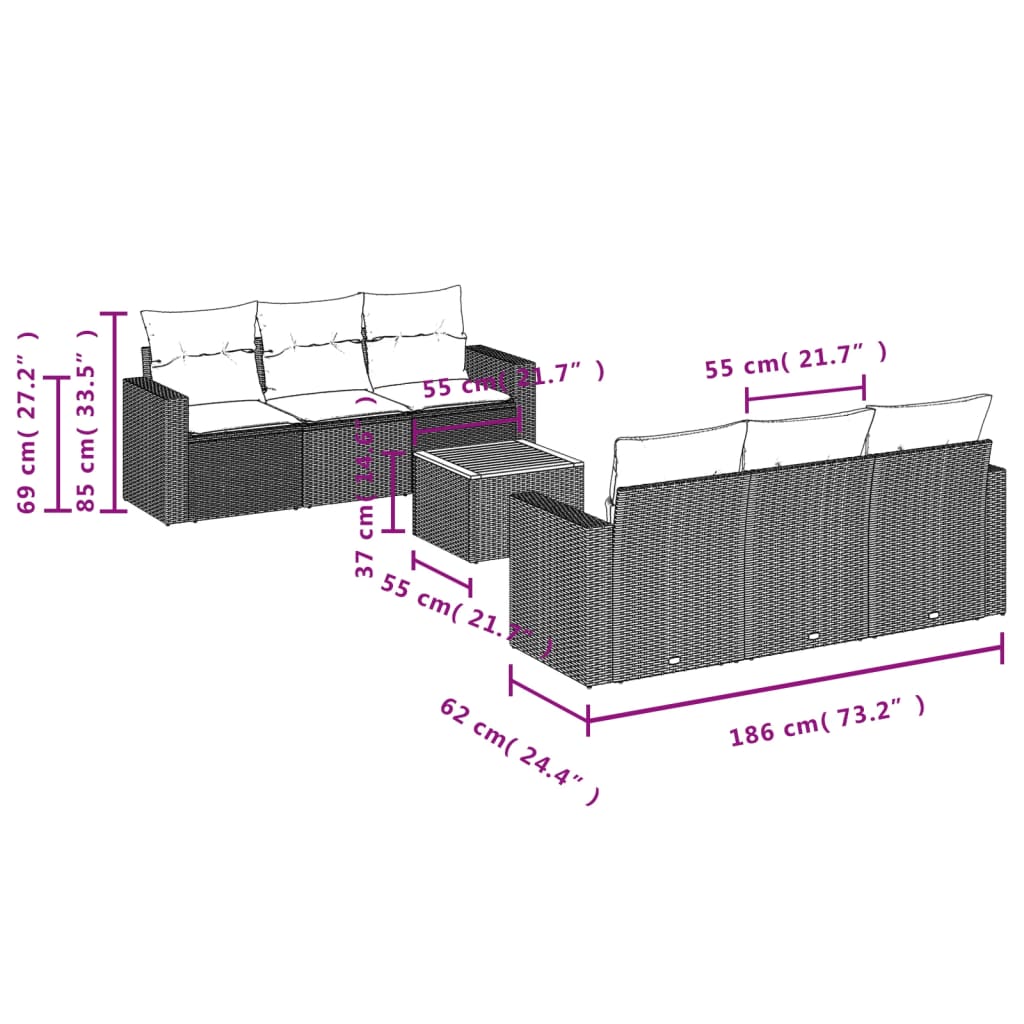 7-delige Loungeset met kussens poly rattan zwart