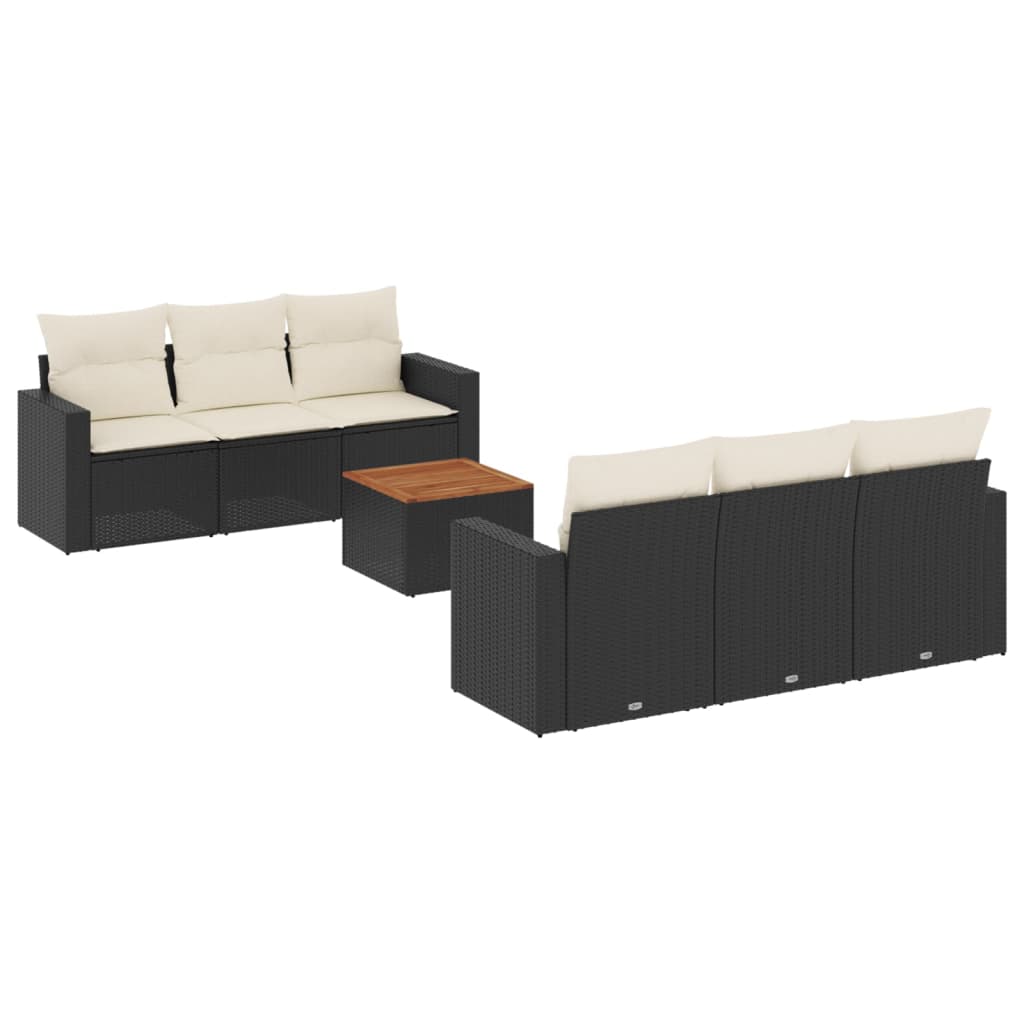 7-delige Loungeset met kussens poly rattan zwart