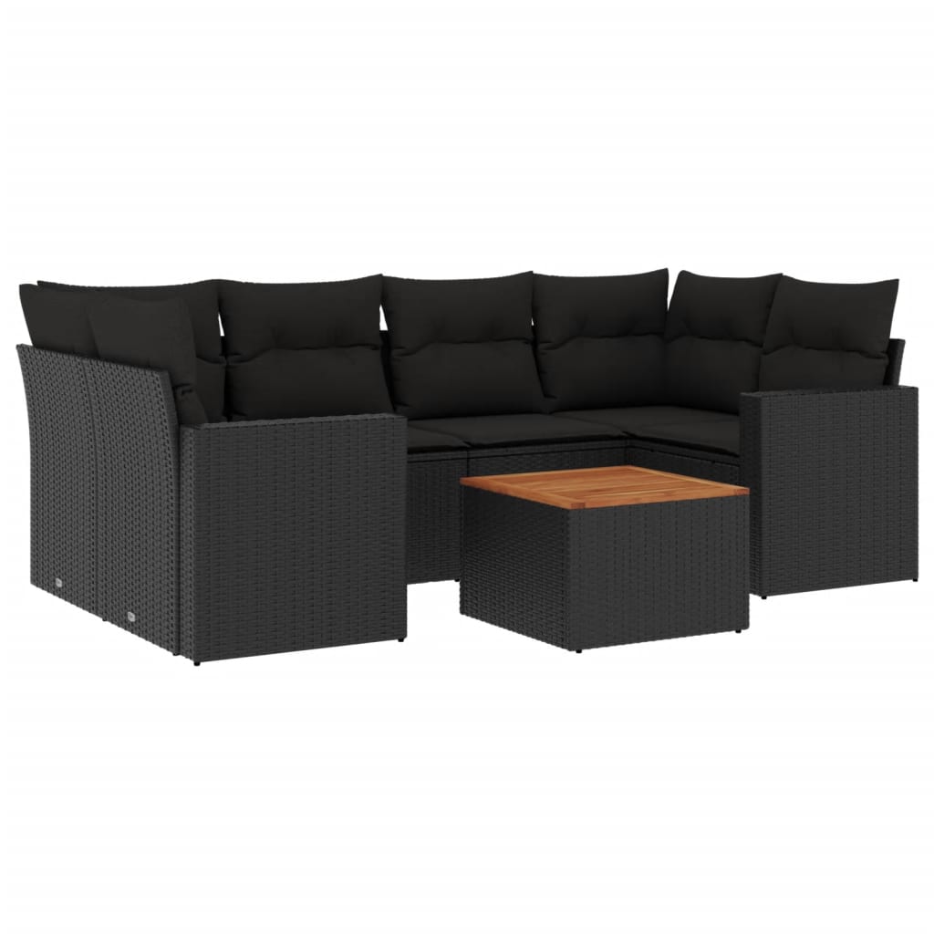 7-delige Loungeset met kussens poly rattan zwart