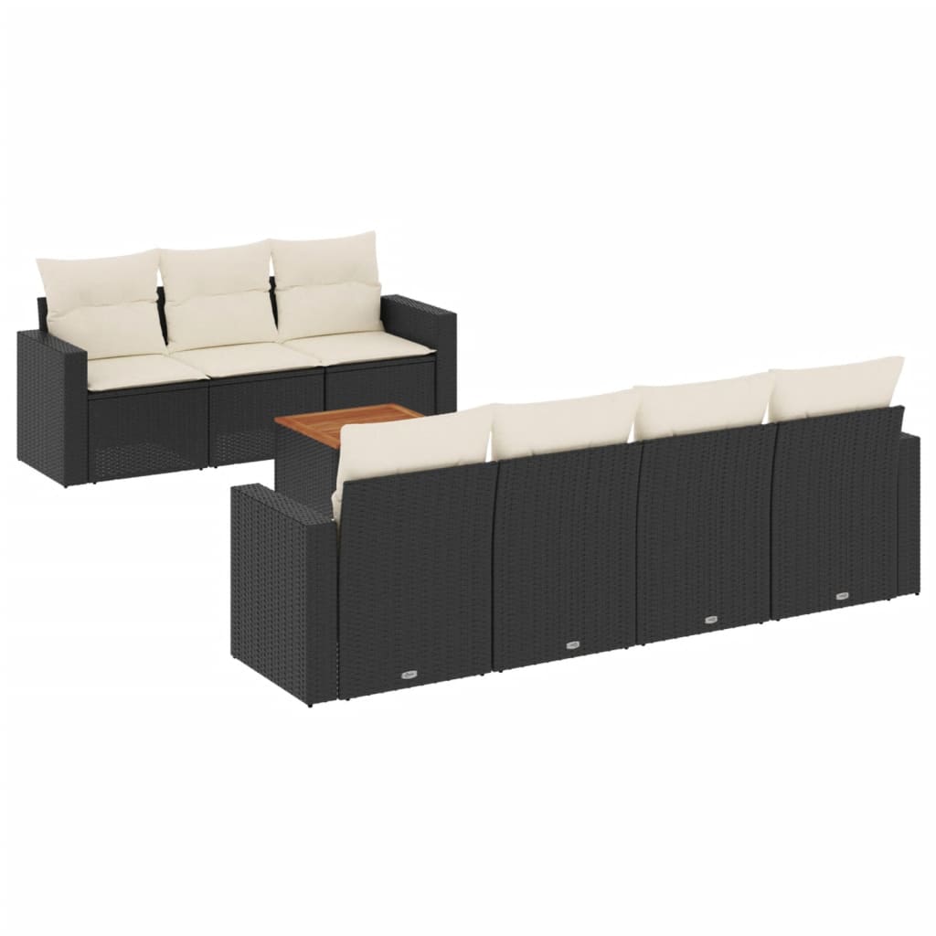 8-delige Loungeset met kussens poly rattan zwart