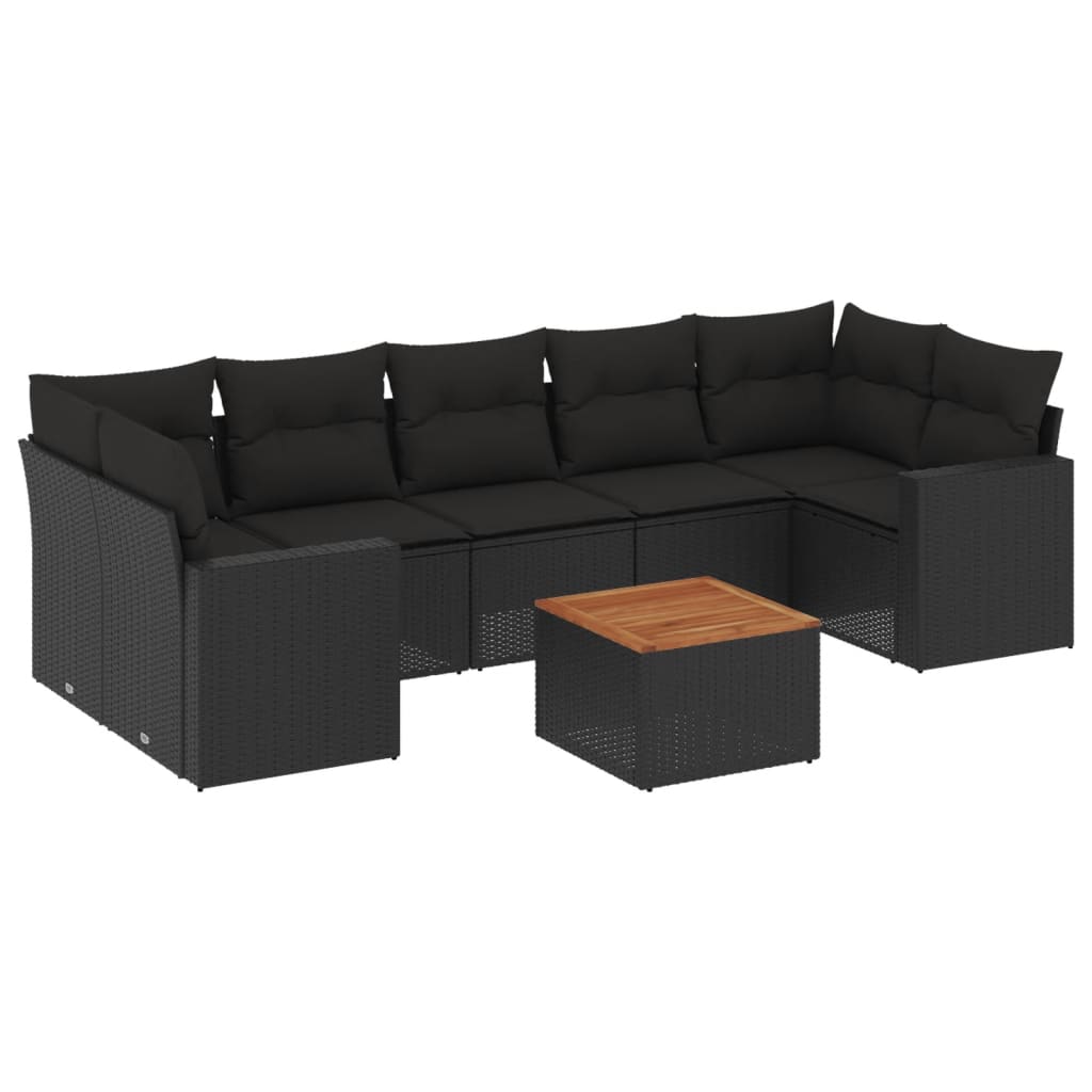 8-delige Loungeset met kussens poly rattan zwart