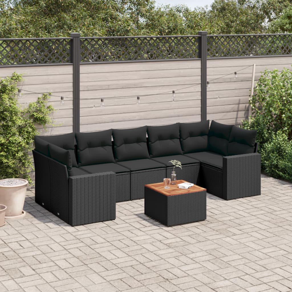 8-delige Loungeset met kussens poly rattan zwart