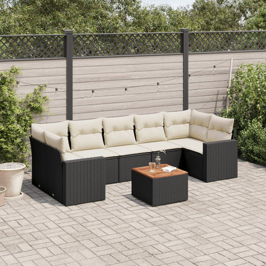 8-delige Loungeset met kussens poly rattan zwart