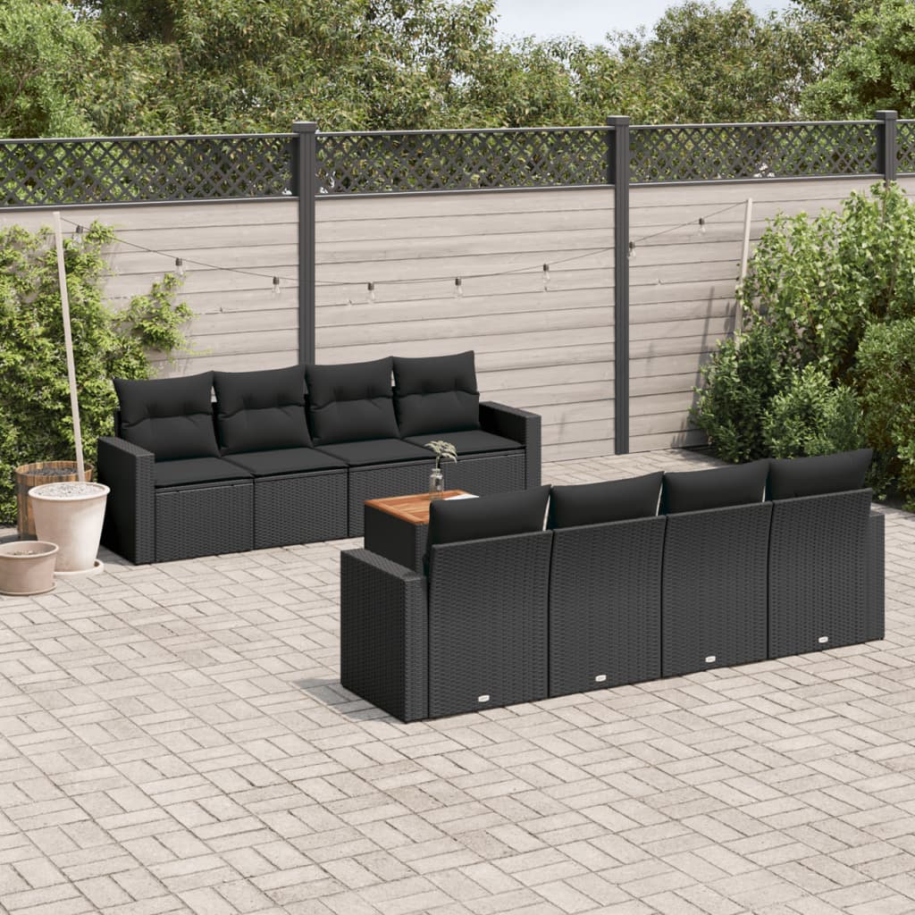 9-delige Loungeset met kussens poly rattan zwart