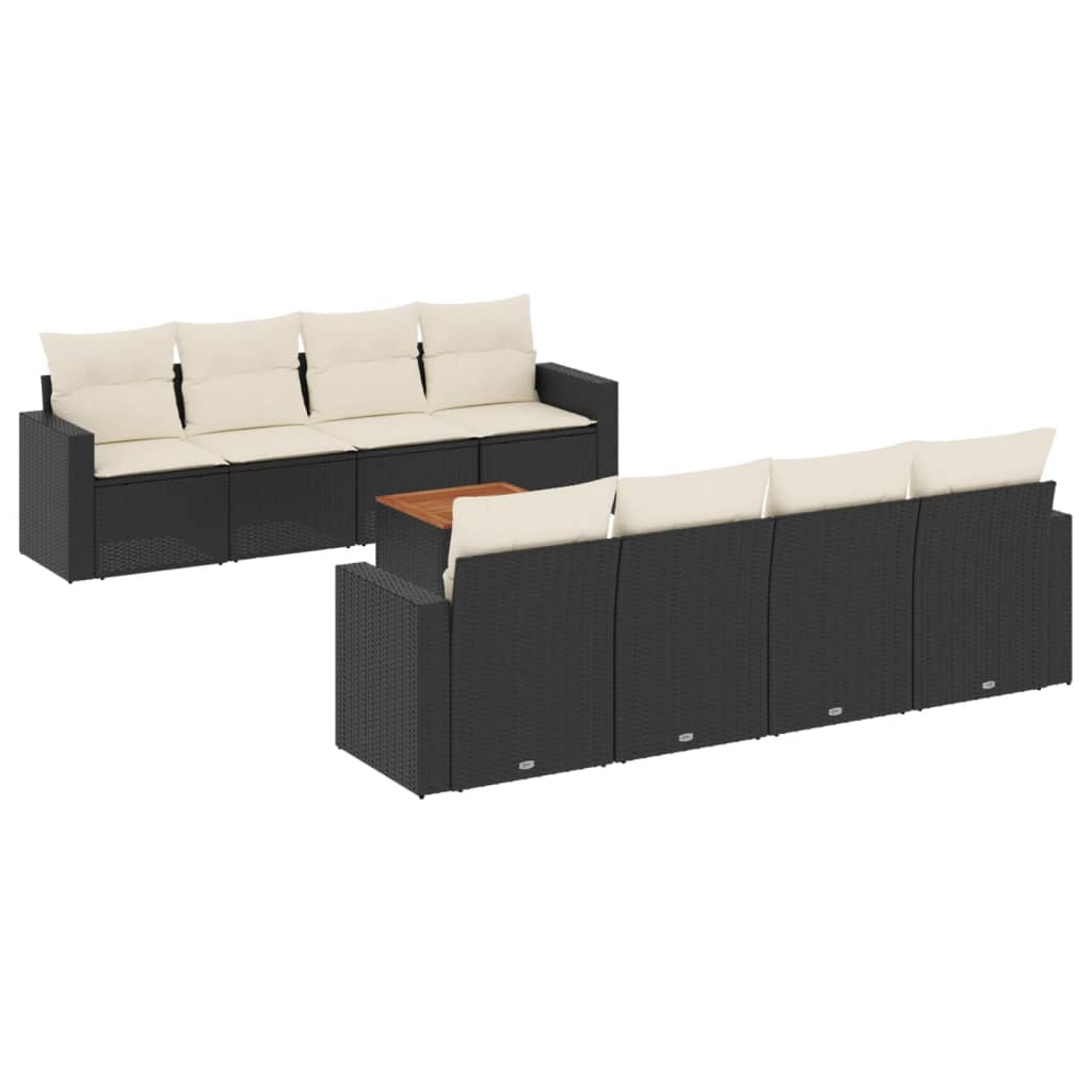 9-delige Loungeset met kussens poly rattan zwart