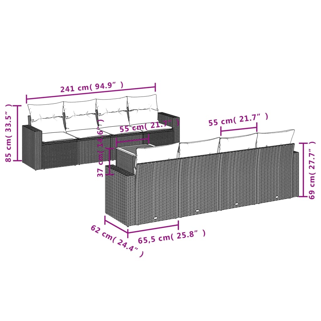 9-delige Loungeset met kussens poly rattan zwart