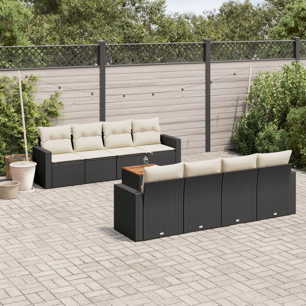 9-delige Loungeset met kussens poly rattan zwart