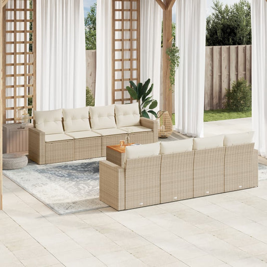 9-delige Loungeset met kussens poly rattan beige