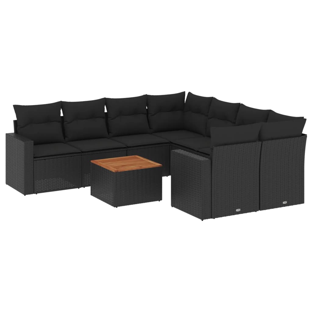 9-delige Loungeset met kussens poly rattan zwart