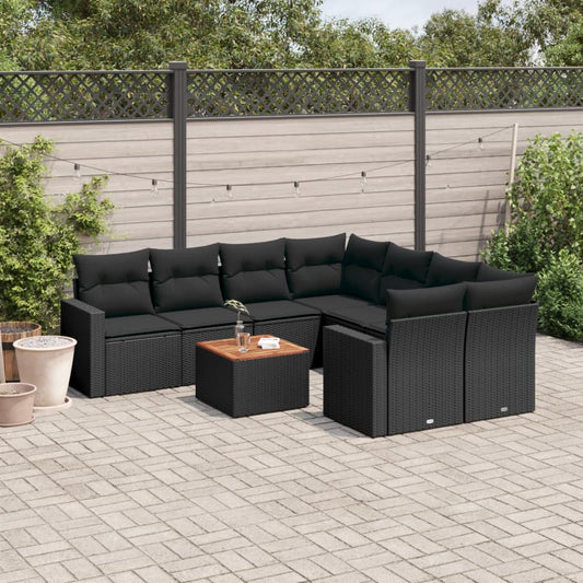 9-delige Loungeset met kussens poly rattan zwart