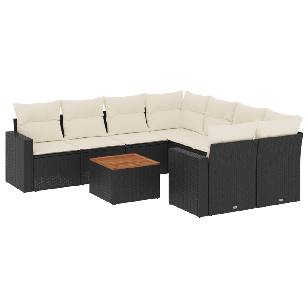 9-delige Loungeset met kussens poly rattan zwart