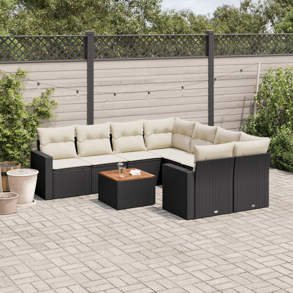 9-delige Loungeset met kussens poly rattan zwart