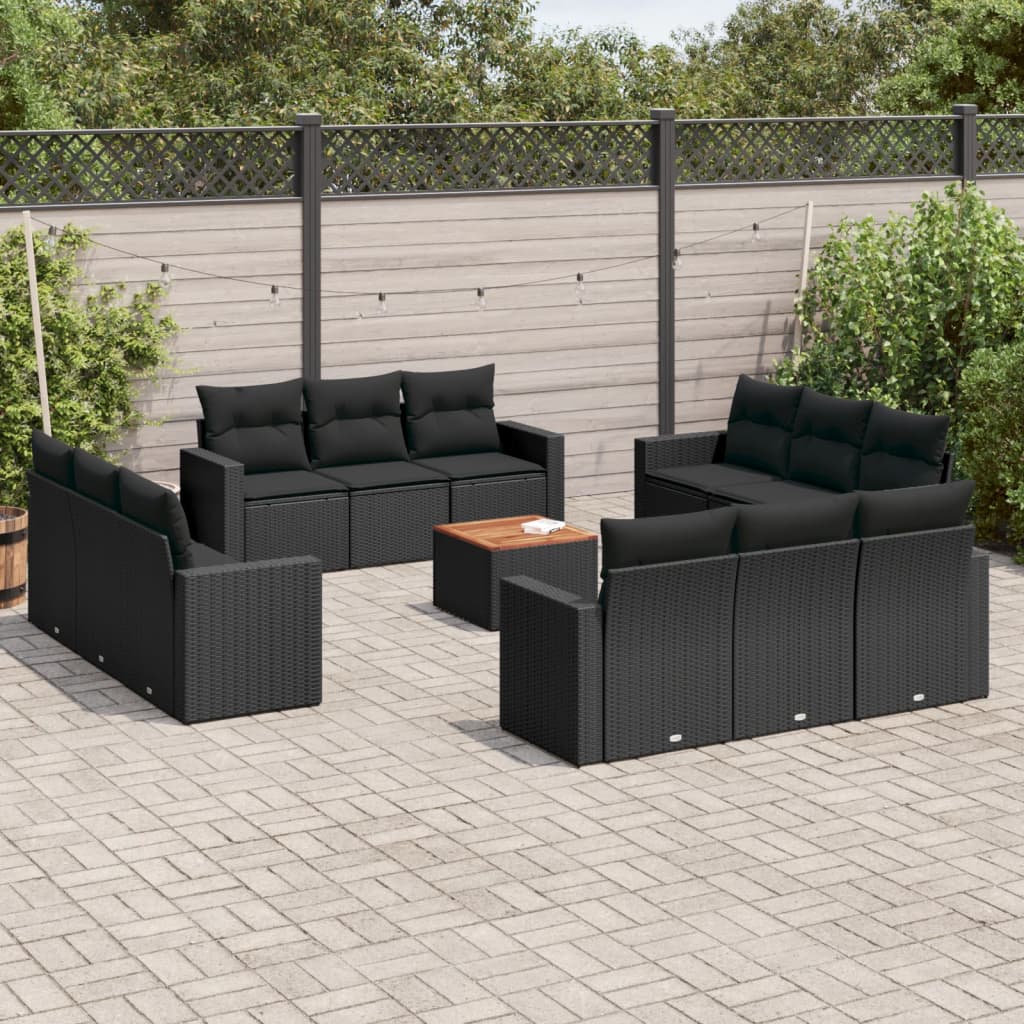 13-delige Loungeset met kussens poly rattan zwart