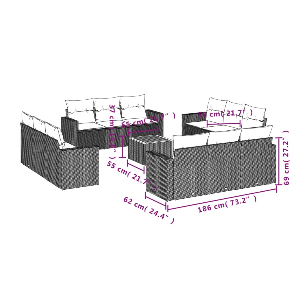 13-delige Loungeset met kussens poly rattan zwart