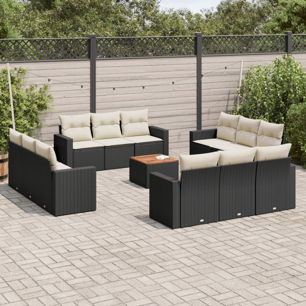 13-delige Loungeset met kussens poly rattan zwart