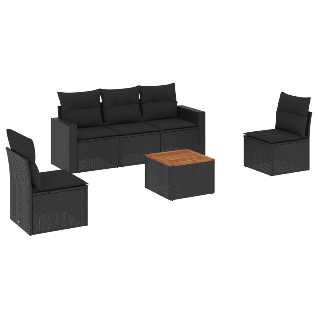 6-delige Loungeset met kussens poly rattan zwart