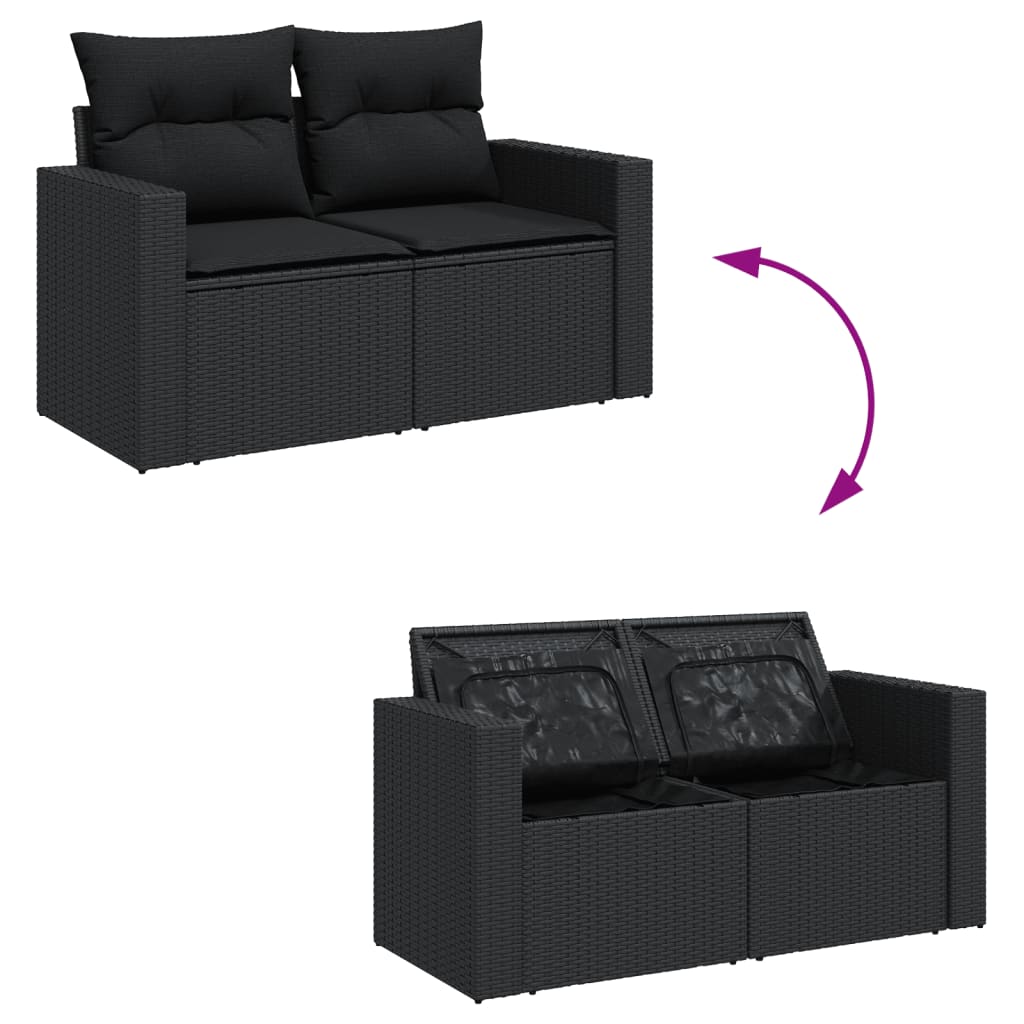 6-delige Loungeset met kussens poly rattan zwart