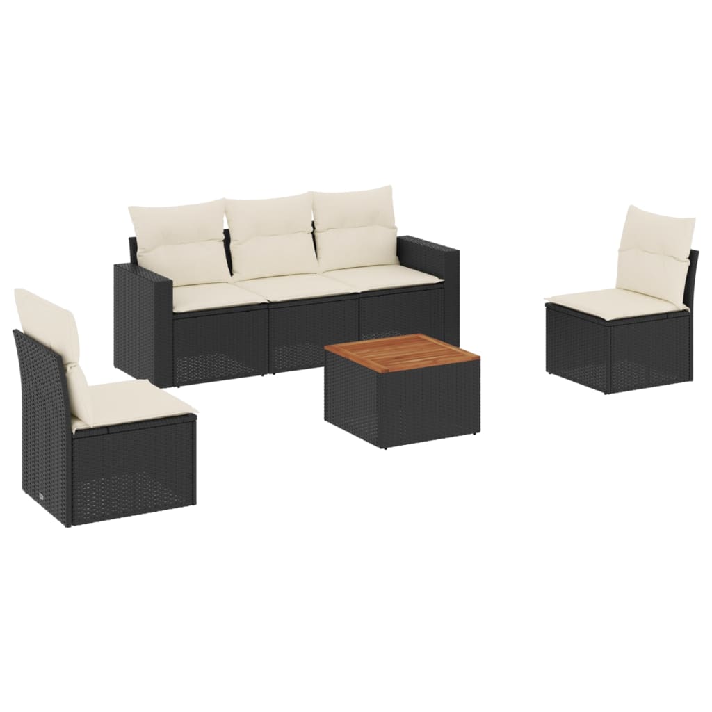 6-delige Loungeset met kussens poly rattan zwart