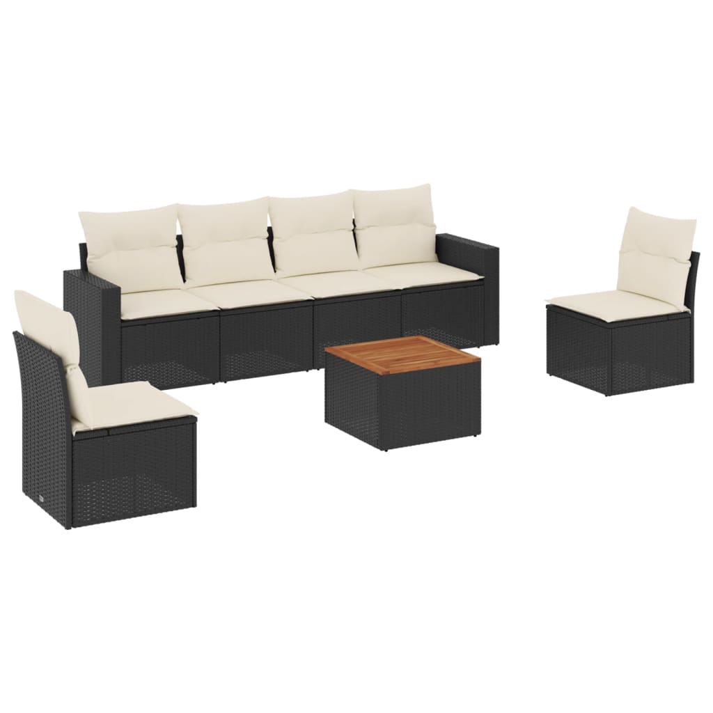 7-delige Loungeset met kussens poly rattan zwart