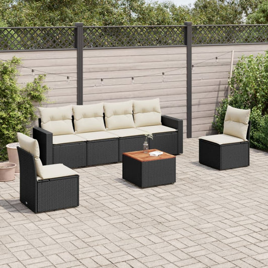 7-delige Loungeset met kussens poly rattan zwart