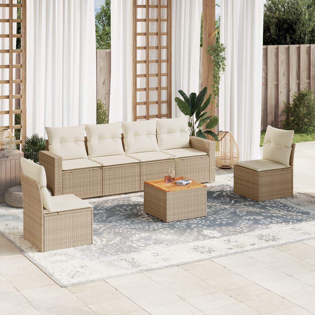 7-delige Loungeset met kussens poly rattan beige