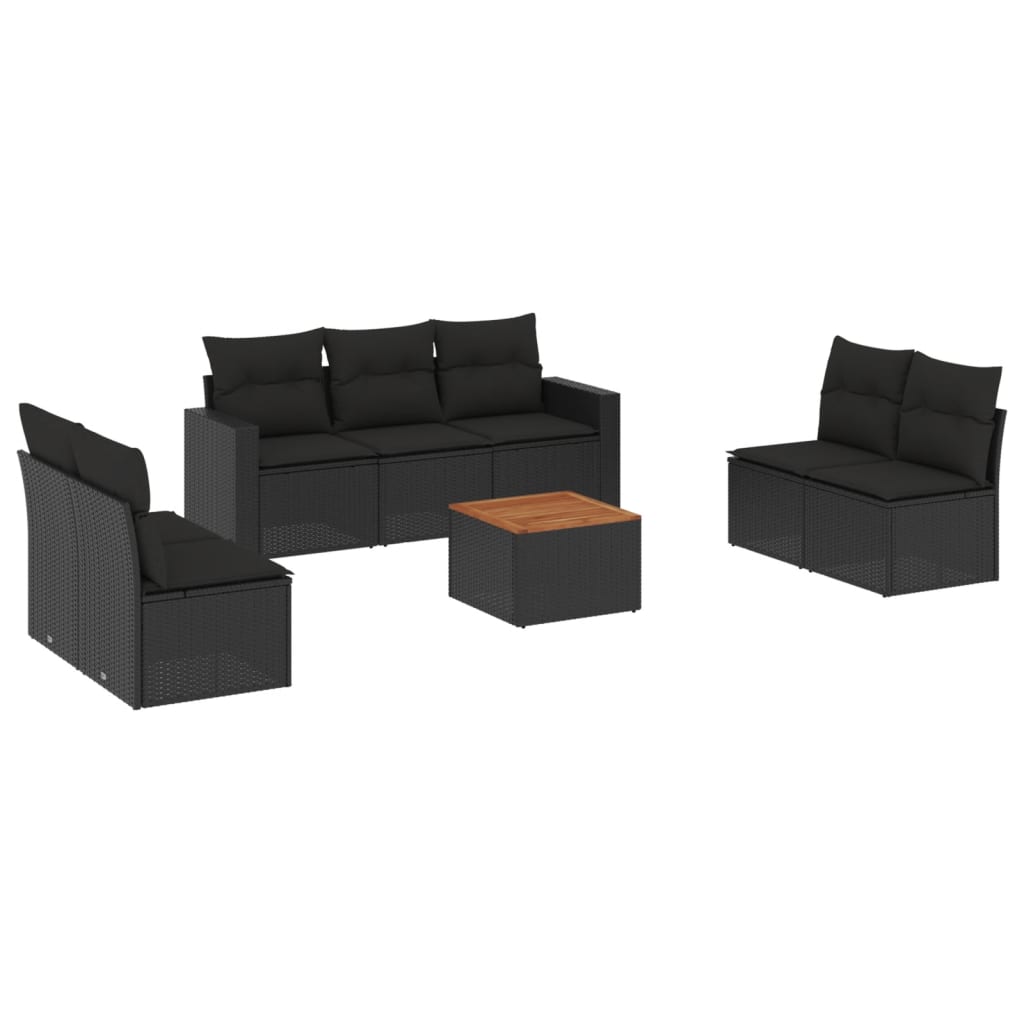 8-delige Loungeset met kussens poly rattan zwart