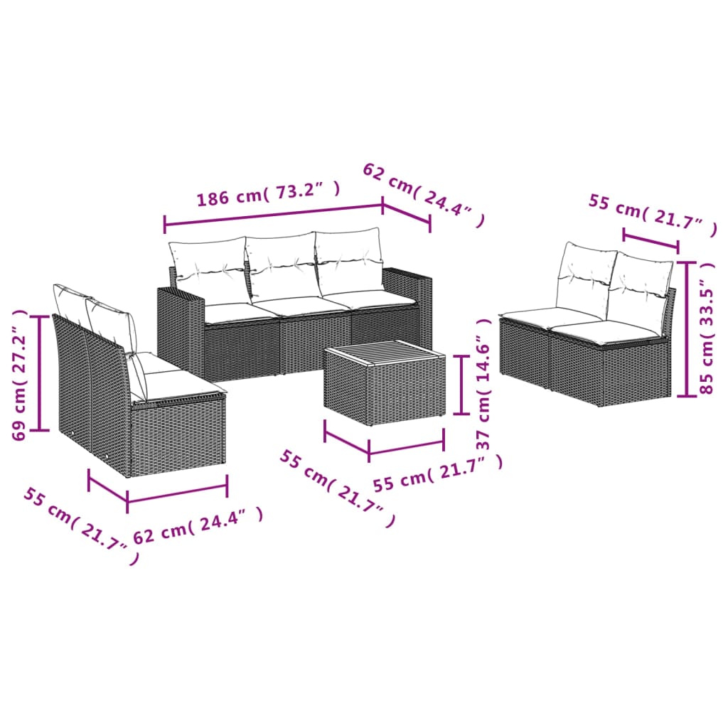 8-delige Loungeset met kussens poly rattan zwart