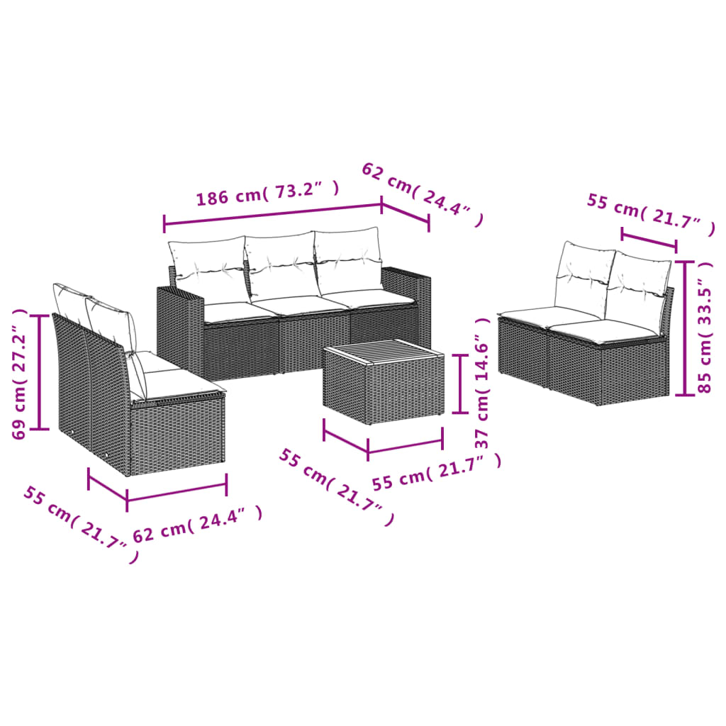 8-delige Loungeset met kussens poly rattan grijs