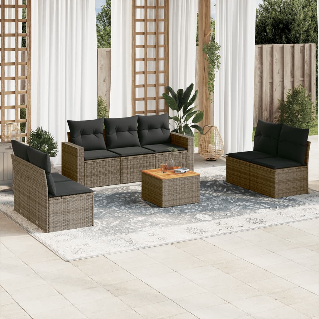 8-delige Loungeset met kussens poly rattan grijs