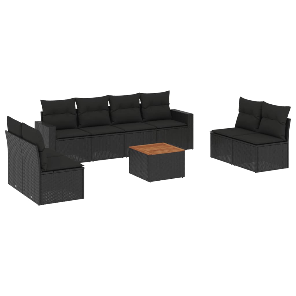 9-delige Loungeset met kussens poly rattan zwart