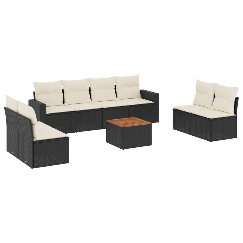 9-delige Loungeset met kussens poly rattan zwart